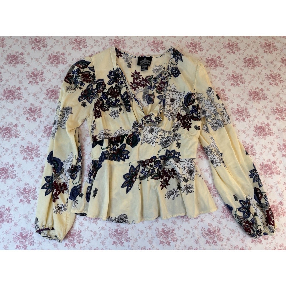 Angie Floral Tie Front Peplum Blouse Rayon Boho Long Sleeve Women's L